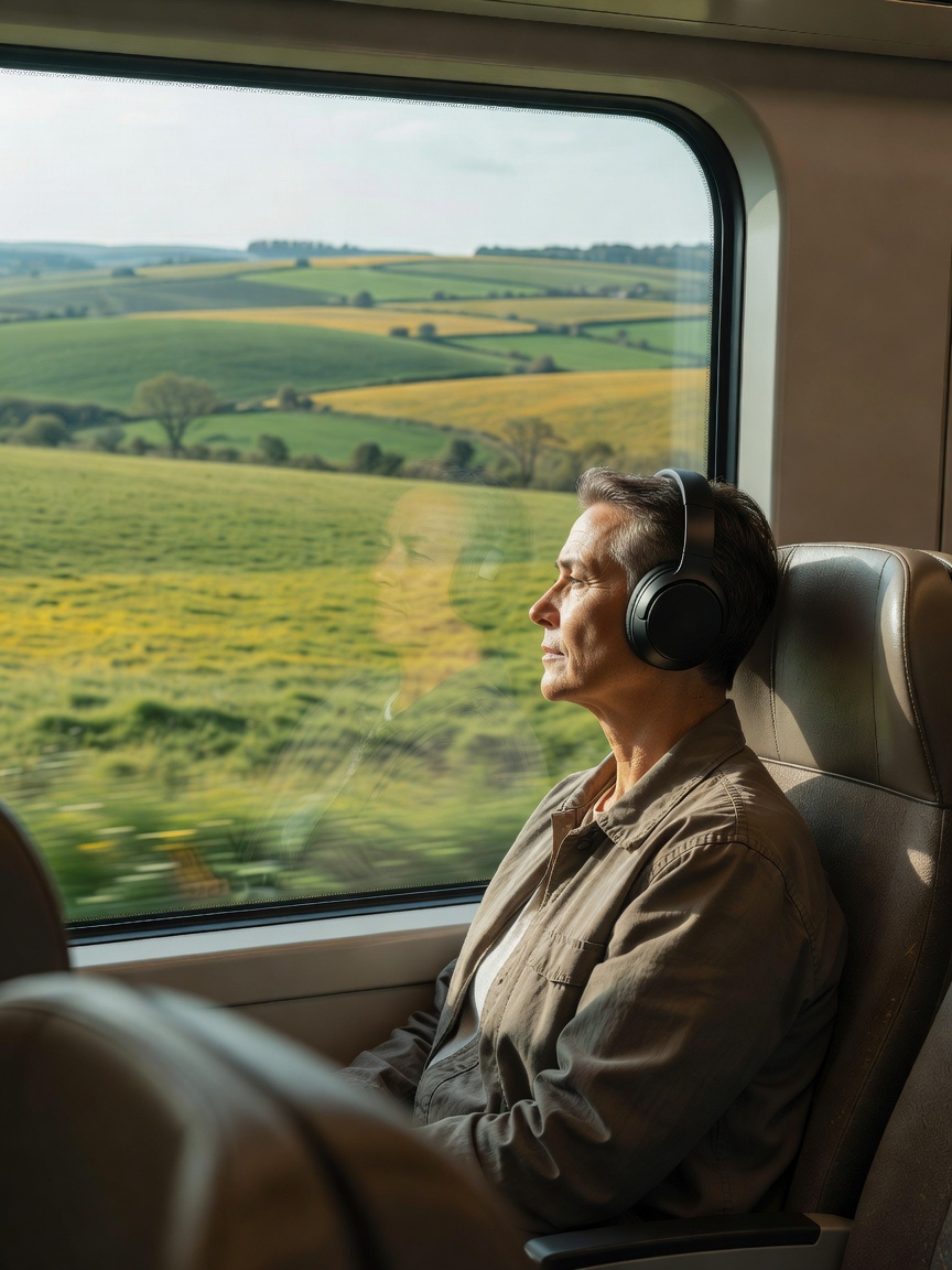 A commuter on a morning train wearing over-ear noise cancelling headphones, with a window of passing countryside behind