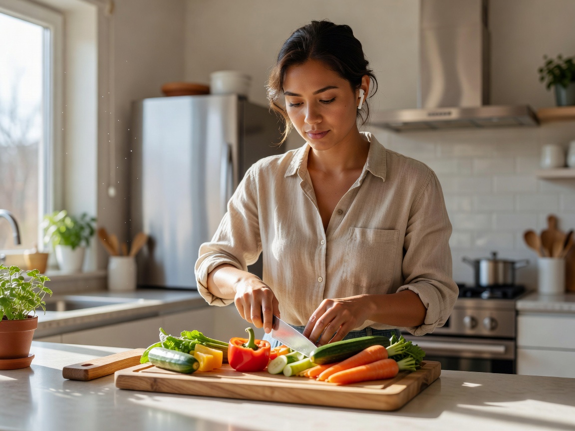 A cook in a bright kitchen wearing small wireless earbuds while preparing a meal