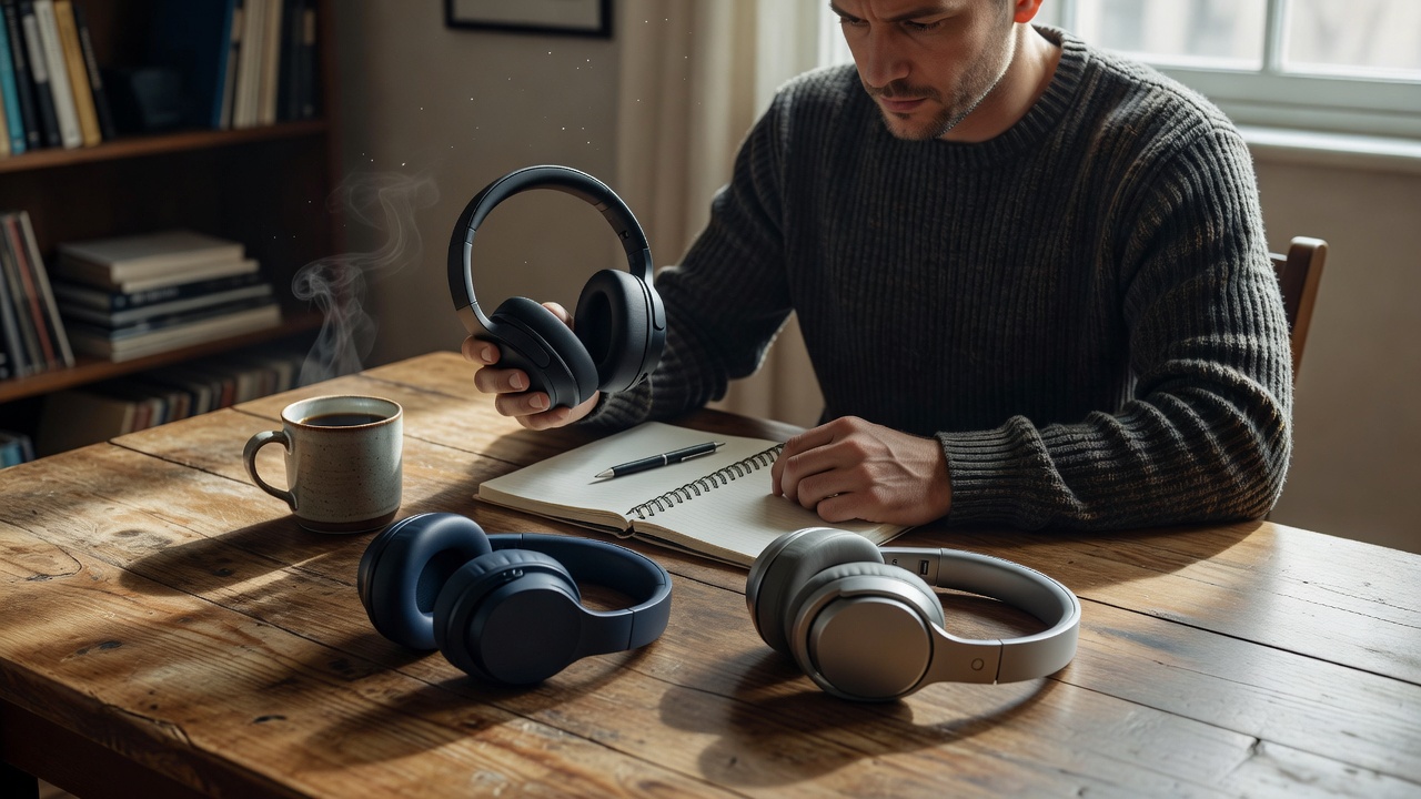 An editor at a wooden table comparing three pairs of wireless headphones next to a notebook and a cup of coffee in soft window light