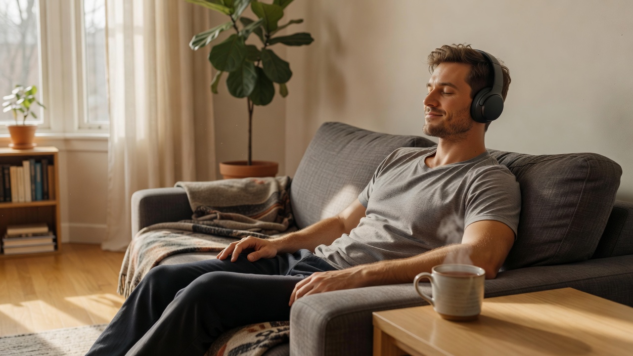 A man on a sofa in a bright living room with wireless headphones on, eyes closed, a mug of tea on the table beside him
