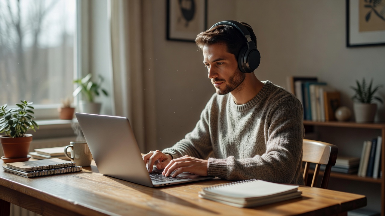 A person at a home office desk with a laptop and a pair of wireless headphones, soft daylight from a nearby window