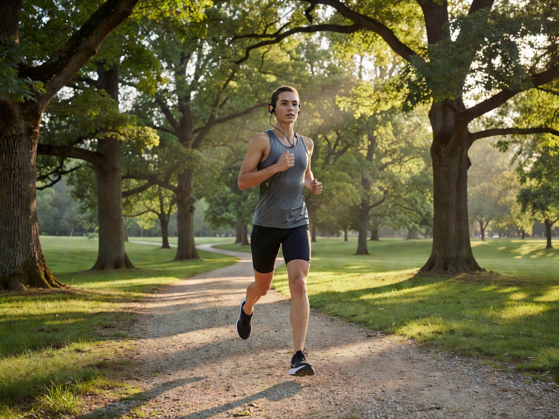 A runner on a leafy park path in early morning light, wearing sport earbuds and checking a watch