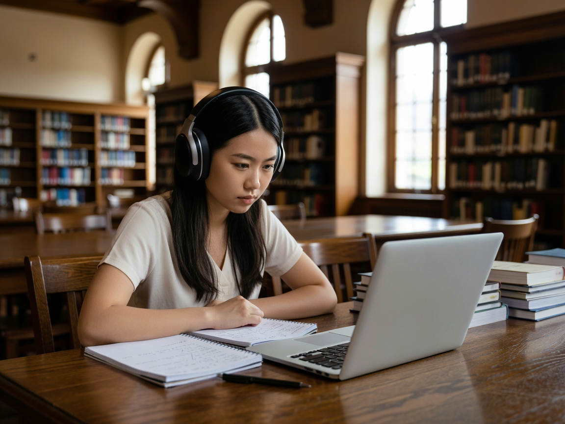A student studying at a quiet library table, wearing headphones with a laptop and notes spread out in natural window light